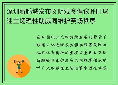 深圳新鹏城发布文明观赛倡议呼吁球迷主场理性助威同维护赛场秩序